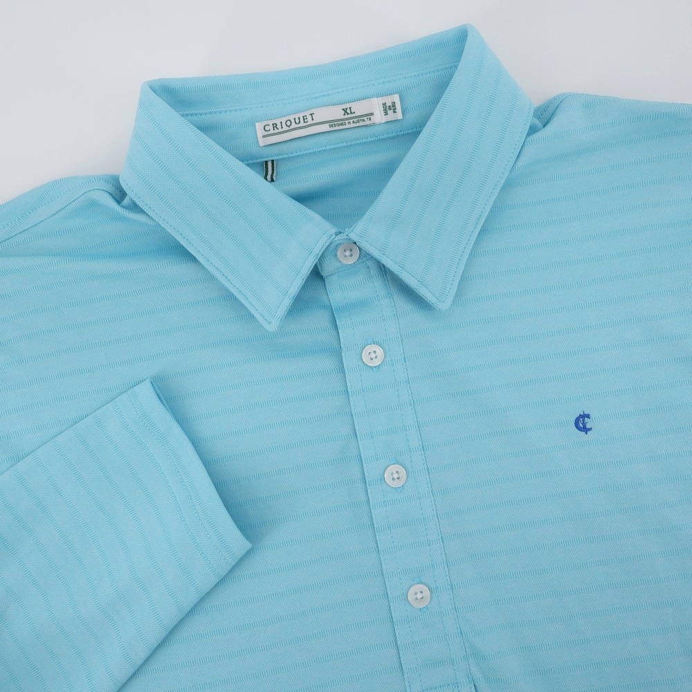 Criquet Micro Stripe Pima Stretch Polo Shirt Light Blue Long Sleeve Mens XL